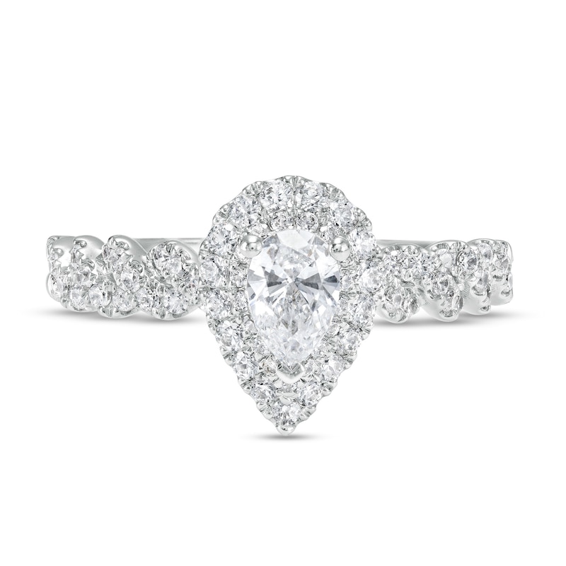 Main Image 4 of 1 CT. T.W. Pear-Shaped Diamond Double Frame Twist Shank Engagement Ring in 14K White Gold