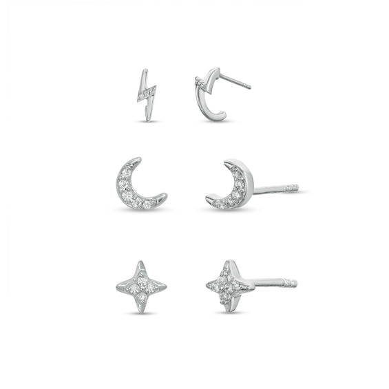 1/10 CT. T.w. Diamond Stars, Moons, and Lightning Bolts Three Pair Stud Earrings Set in Sterling Silver