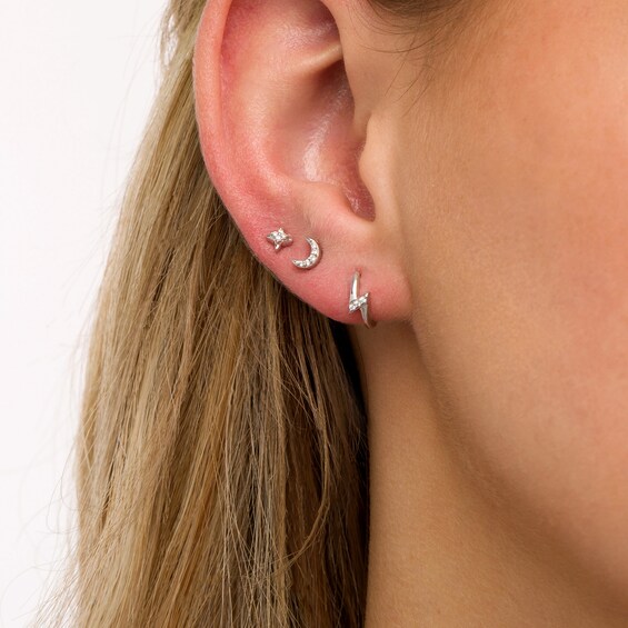 1/10 CT. T.w. Diamond Stars, Moons, and Lightning Bolts Three Pair Stud Earrings Set in Sterling Silver