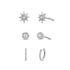 Thumbnail Image 1 of 1/10 CT. T.W. Diamond Solitaires, Suns, and Hoops Three Pair Earrings Set in Sterling Silver