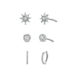 1/10 CT. T.W. Diamond Solitaires, Suns, and Hoops Three Pair Earrings Set in Sterling Silver