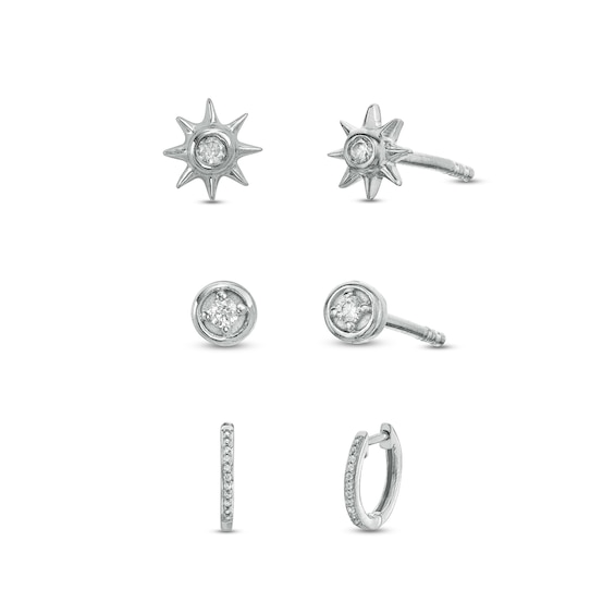 1/10 CT. T.w. Diamond Solitaires, Suns, and Hoops Three Pair Earrings Set in Sterling Silver