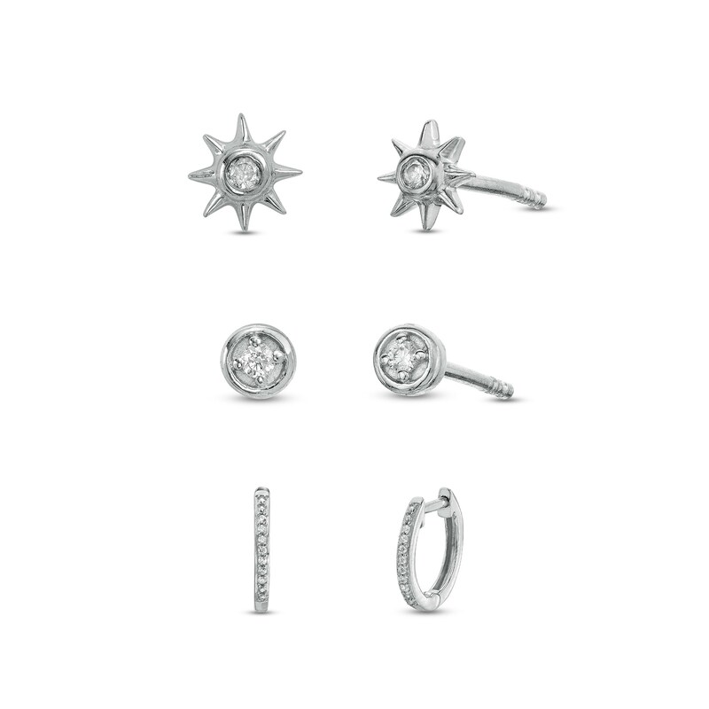 Main Image 1 of 1/10 CT. T.W. Diamond Solitaires, Suns, and Hoops Three Pair Earrings Set in Sterling Silver