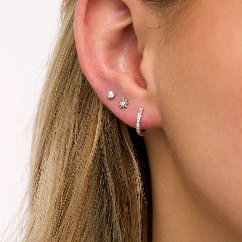 Main Image 2 of 1/10 CT. T.W. Diamond Solitaires, Suns, and Hoops Three Pair Earrings Set in Sterling Silver