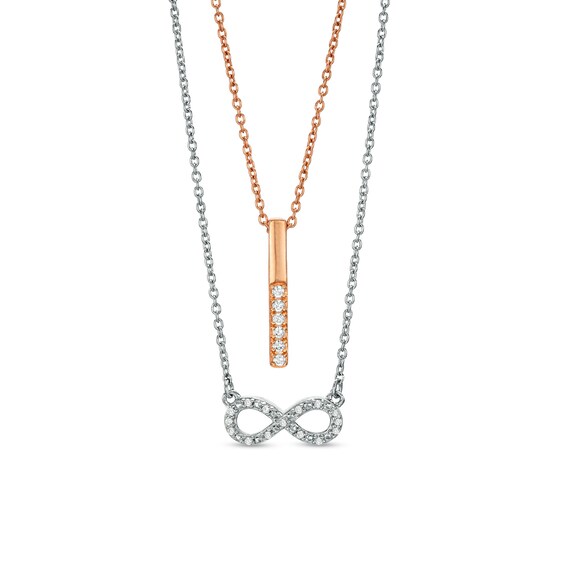 0.084 CT. T.w. Diamond Linear Bar and Sideways Infinity Double Strand Necklace in Sterling Silver and Rose Rhodium