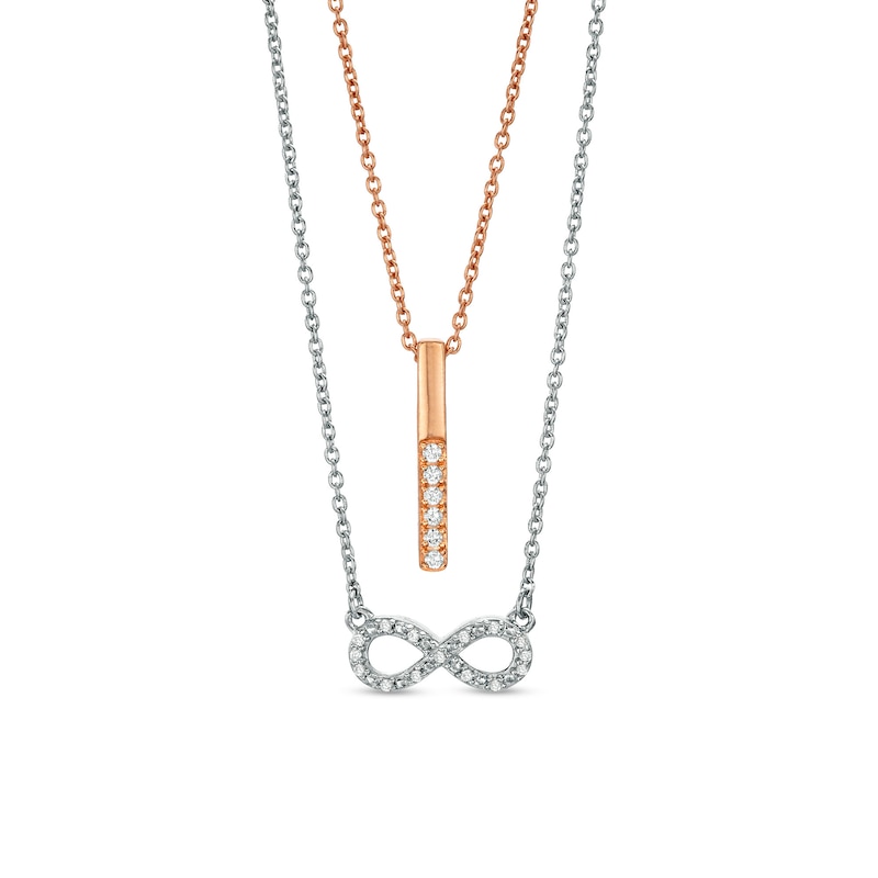 Main Image 1 of 0.084 CT. T.W. Diamond Linear Bar and Sideways Infinity Double Strand Necklace in Sterling Silver and Rose Rhodium