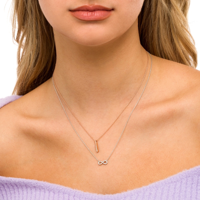 Main Image 2 of 0.084 CT. T.W. Diamond Linear Bar and Sideways Infinity Double Strand Necklace in Sterling Silver and Rose Rhodium