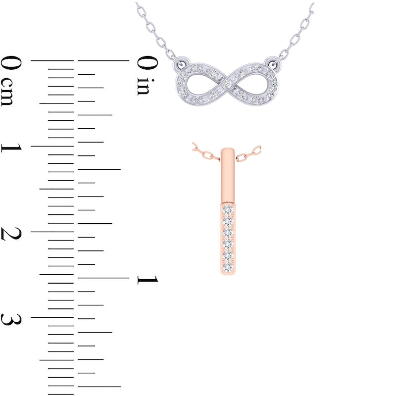 Main Image 5 of 0.084 CT. T.W. Diamond Linear Bar and Sideways Infinity Double Strand Necklace in Sterling Silver and Rose Rhodium