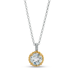 7.0mm Aquamarine Solitaire Rope-Textured Frame and Drop Pendant in Sterling Silver and 10K Gold