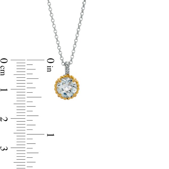 7.0mm Aquamarine Solitaire Rope-Textured Frame and Drop Pendant in Sterling Silver and 10K Gold