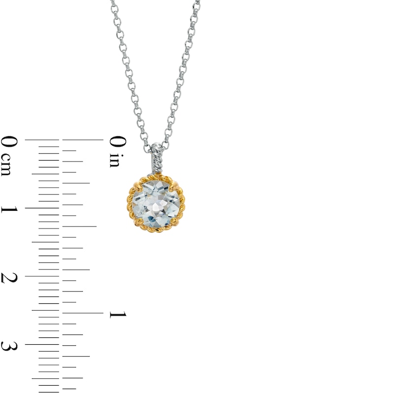 7.0mm Aquamarine Solitaire Rope-Textured Frame and Drop Pendant in Sterling Silver and 10K Gold