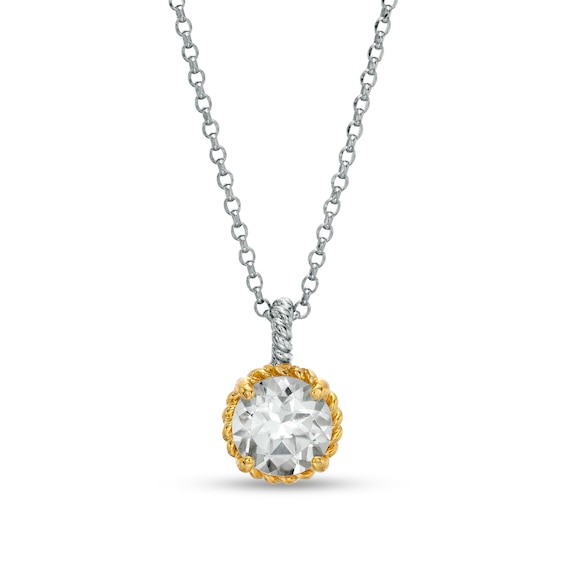 7.0mm White Topaz Solitaire Rope-Textured Frame and Drop Pendant in Sterling Silver and 10K Gold