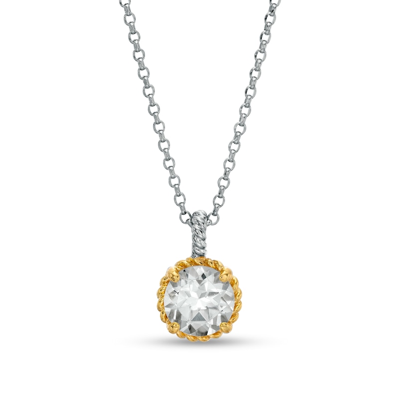 7.0mm White Topaz Solitaire Rope-Textured Frame and Drop Pendant in Sterling Silver and 10K Gold