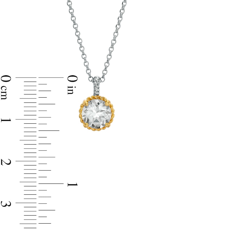 7.0mm White Topaz Solitaire Rope-Textured Frame and Drop Pendant in Sterling Silver and 10K Gold