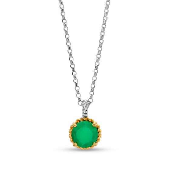 7.0mm Emerald Solitaire Rope-Textured Frame and Drop Pendant in Sterling Silver and 10K Gold