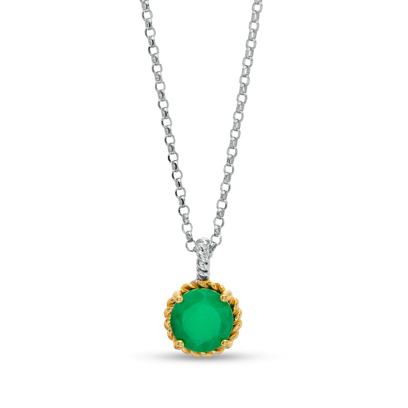 Main Image 1 of 7.0mm Emerald Solitaire Rope-Textured Frame and Drop Pendant in Sterling Silver and 10K Gold