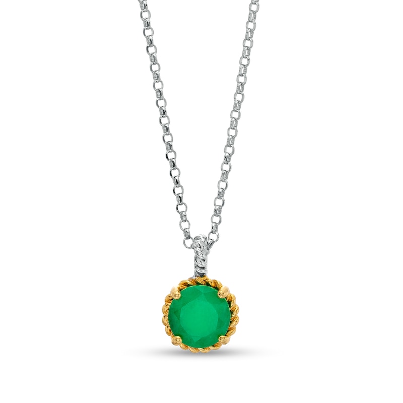 7.0mm Emerald Solitaire Rope-Textured Frame and Drop Pendant in Sterling Silver and 10K Gold