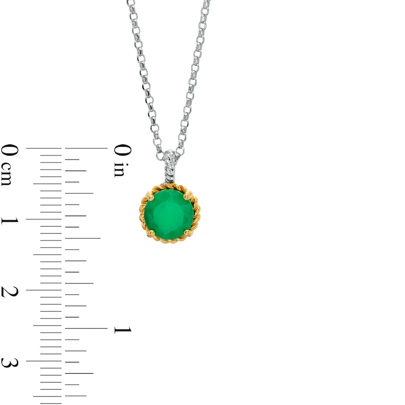 7.0mm Emerald Solitaire Rope-Textured Frame and Drop Pendant in Sterling Silver and 10K Gold