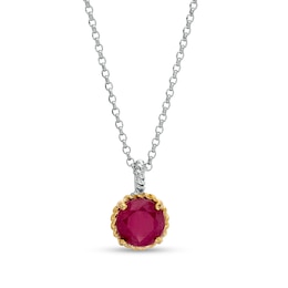 7.0mm Ruby Solitaire Rope-Textured Frame and Drop Pendant in Sterling Silver and 10K Gold