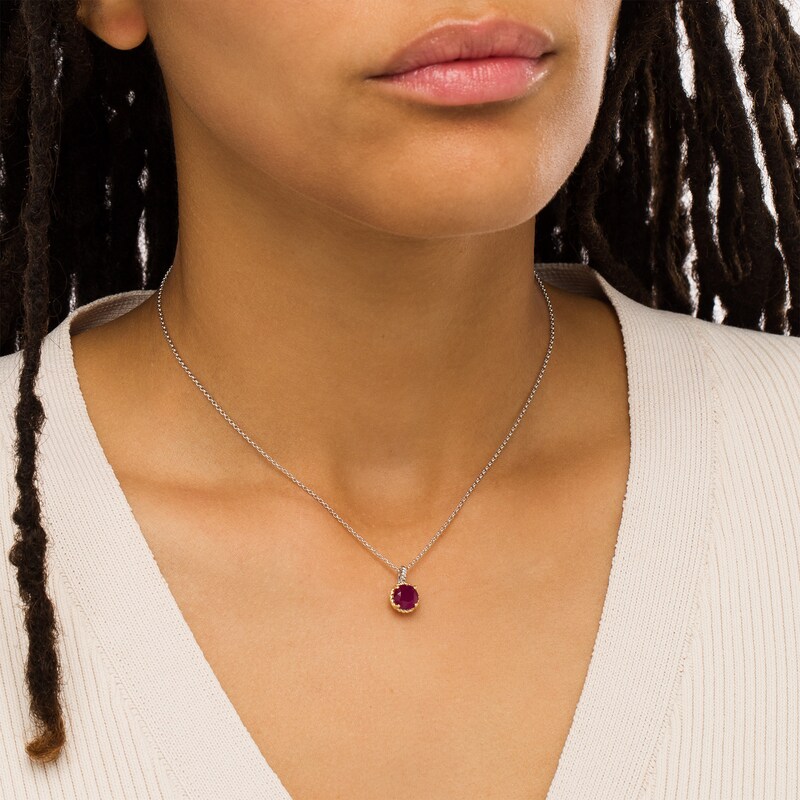 7.0mm Ruby Solitaire Rope-Textured Frame and Drop Pendant in Sterling Silver and 10K Gold