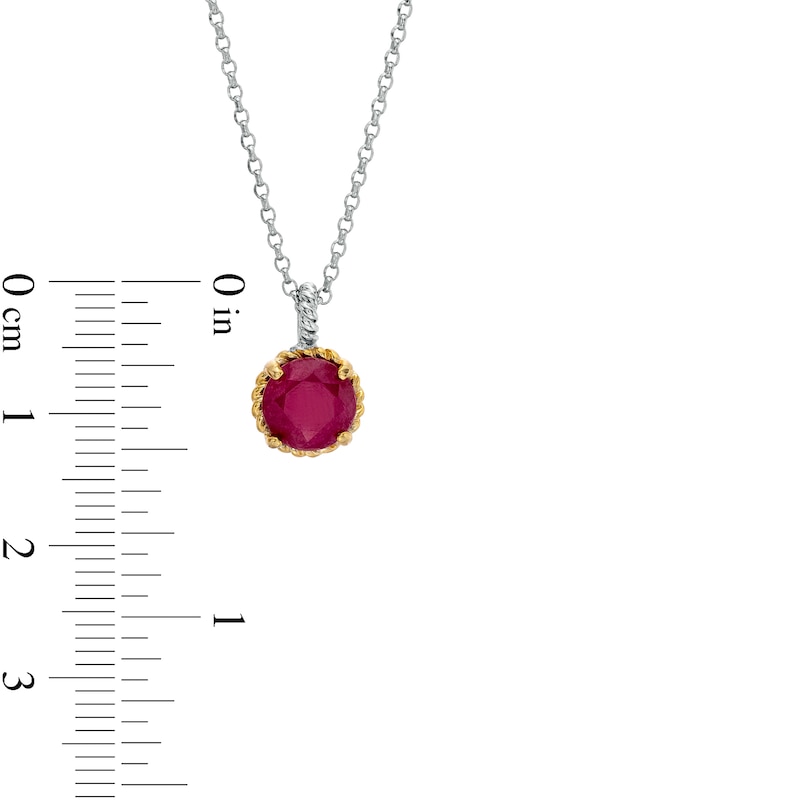 7.0mm Ruby Solitaire Rope-Textured Frame and Drop Pendant in Sterling Silver and 10K Gold