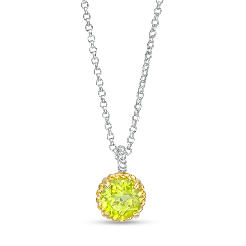 7.0mm Peridot Solitaire Rope-Textured Frame and Drop Pendant in Sterling Silver and 10K Gold