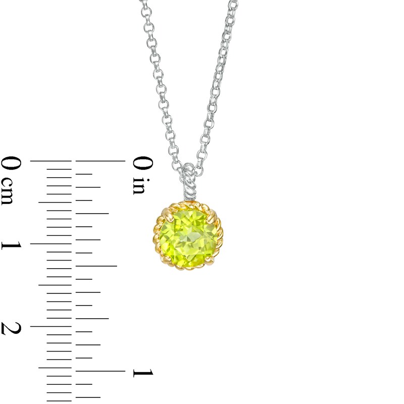 7.0mm Peridot Solitaire Rope-Textured Frame and Drop Pendant in Sterling Silver and 10K Gold