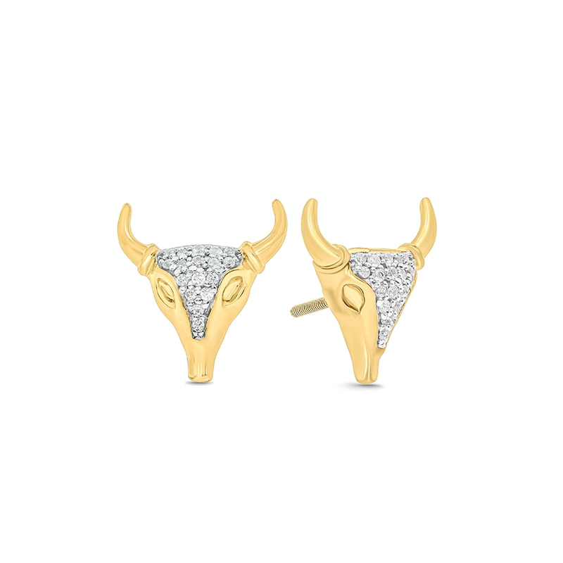 Main Image 2 of Men's 1/10 CT. T.W. Diamond Cow Skull Stud Earrings in Sterling Silver with 14K Gold Plate