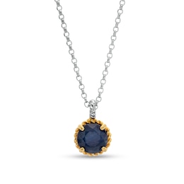 7.0mm Blue Sapphire Solitaire Rope-Textured Frame and Drop Pendant in Sterling Silver and 10K Gold