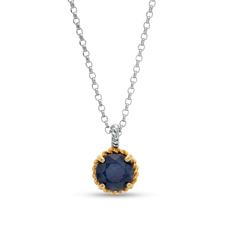 Main Image 1 of 7.0mm Blue Sapphire Solitaire Rope-Textured Frame and Drop Pendant in Sterling Silver and 10K Gold