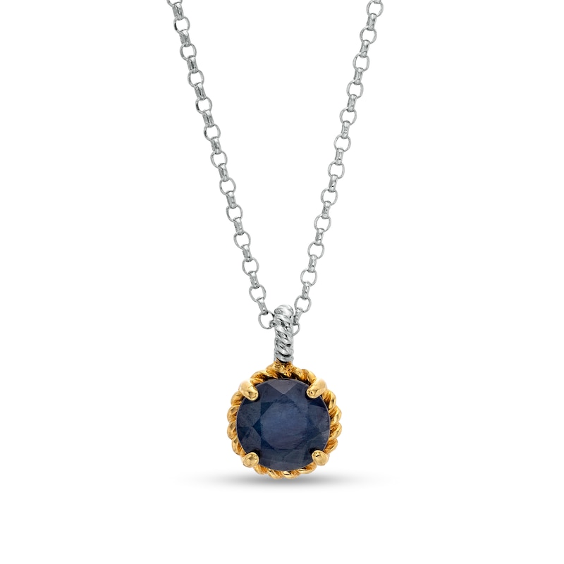 7.0mm Blue Sapphire Solitaire Rope-Textured Frame and Drop Pendant in Sterling Silver and 10K Gold