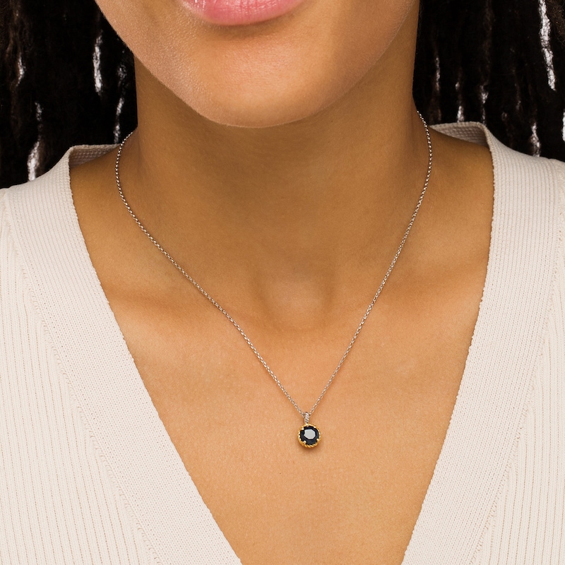 Main Image 2 of 7.0mm Blue Sapphire Solitaire Rope-Textured Frame and Drop Pendant in Sterling Silver and 10K Gold