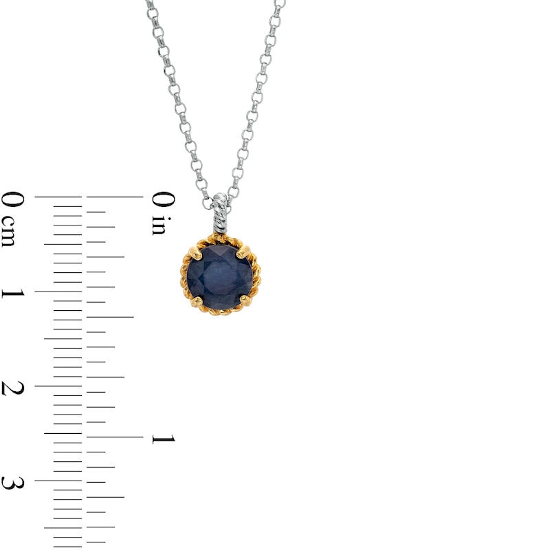 7.0mm Blue Sapphire Solitaire Rope-Textured Frame and Drop Pendant in Sterling Silver and 10K Gold