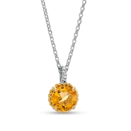 7.0mm Citrine Solitaire Rope-Textured Frame and Drop Pendant in Sterling Silver and 10K Gold