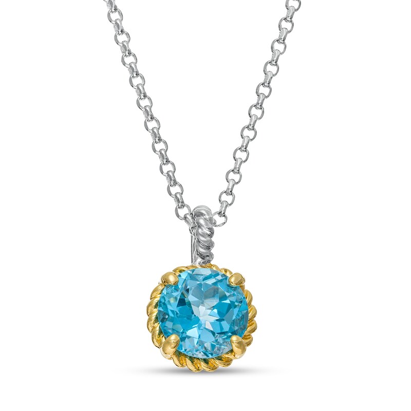 7.0mm Swiss Blue Topaz Solitaire Rope-Textured Frame and Drop Pendant in Sterling Silver and 10K Gold