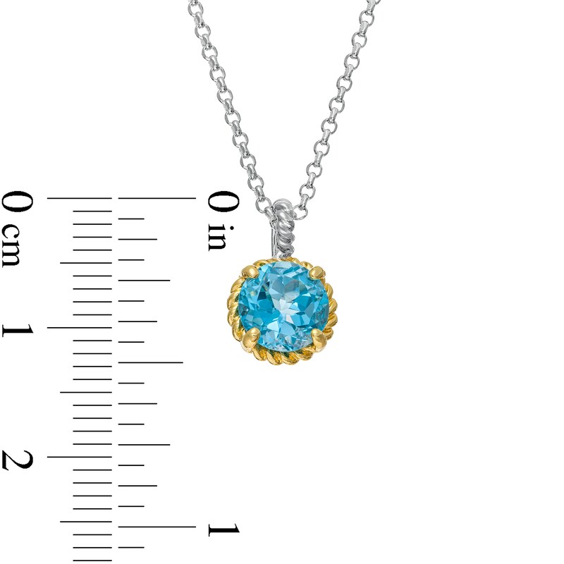 Main Image 4 of 7.0mm Swiss Blue Topaz Solitaire Rope-Textured Frame and Drop Pendant in Sterling Silver and 10K Gold