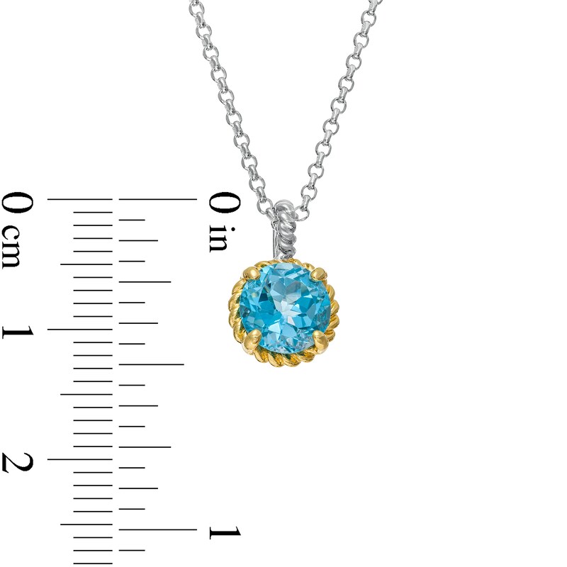 7.0mm Swiss Blue Topaz Solitaire Rope-Textured Frame and Drop Pendant in Sterling Silver and 10K Gold