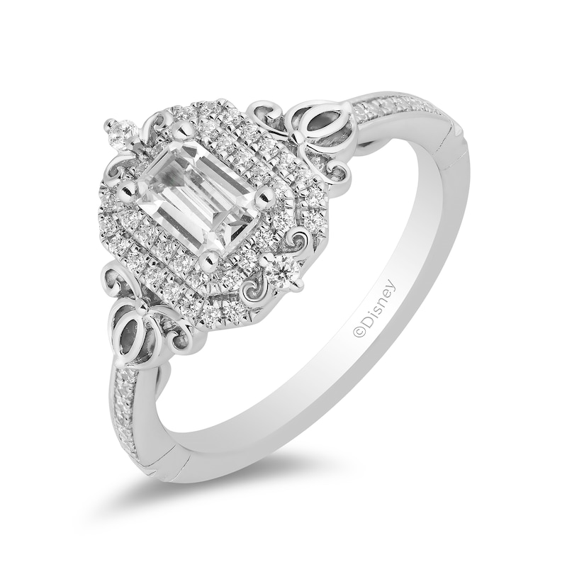 Main Image 1 of Enchanted Disney Cinderella 3/4 CT. T.W. Emerald-Cut Diamond Double Frame Carriage Engagement Ring in 14K White Gold