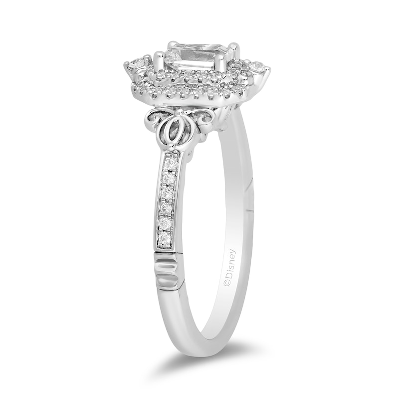 Main Image 2 of Enchanted Disney Cinderella 3/4 CT. T.W. Emerald-Cut Diamond Double Frame Carriage Engagement Ring in 14K White Gold