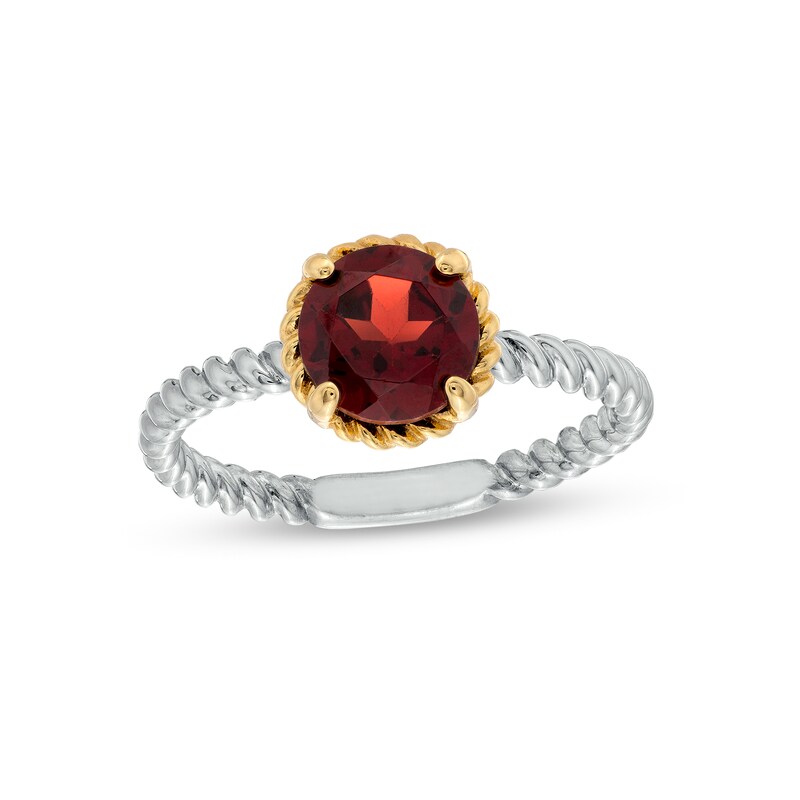 Main Image 1 of 7.0mm Garnet Solitaire Rope-Textured Frame and Shank Ring in Sterling Silver and 10K Gold