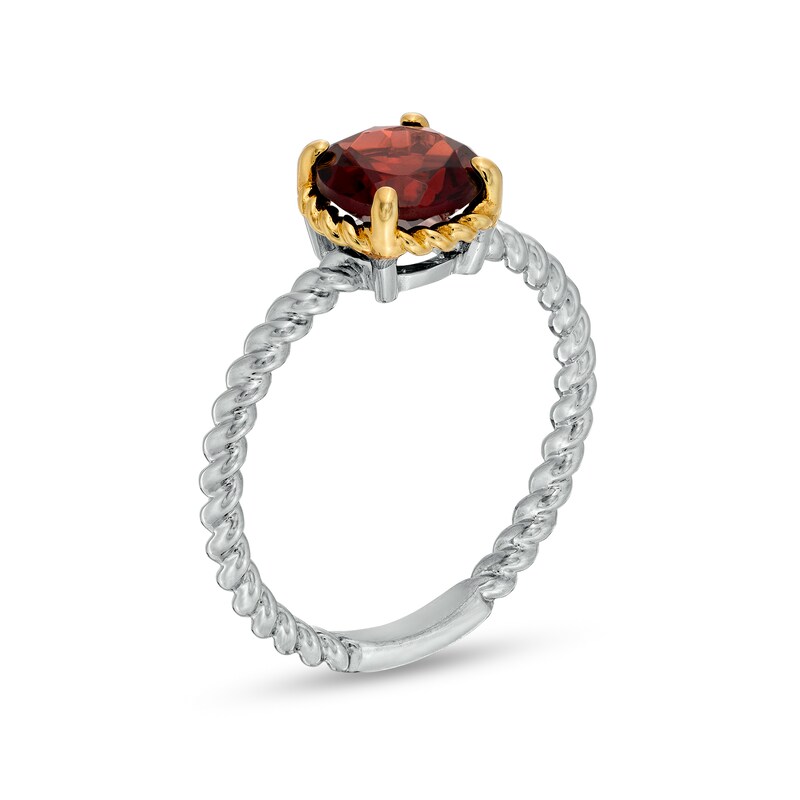 7.0mm Garnet Solitaire Rope-Textured Frame and Shank Ring in Sterling Silver and 10K Gold