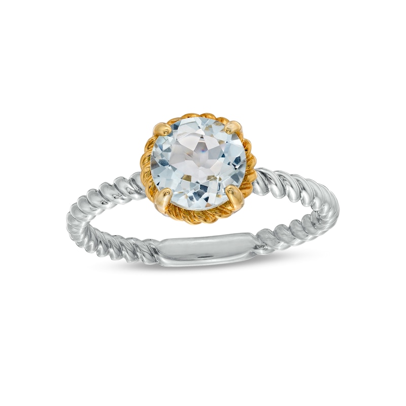 7.0mm Aquamarine Solitaire Rope-Textured Frame and Shank Ring in Sterling Silver and 10K Gold