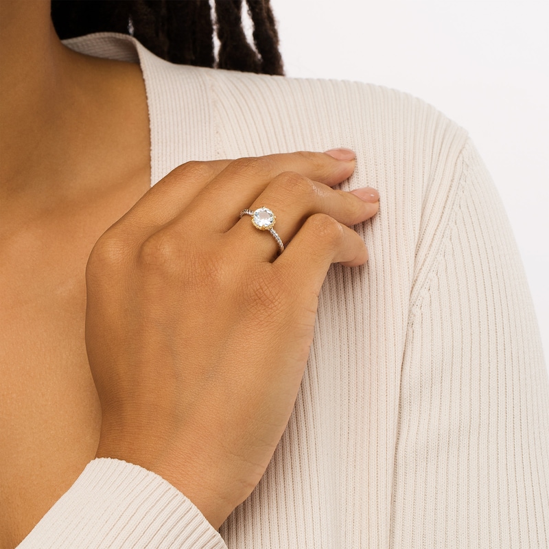 Main Image 2 of 7.0mm Aquamarine Solitaire Rope-Textured Frame and Shank Ring in Sterling Silver and 10K Gold