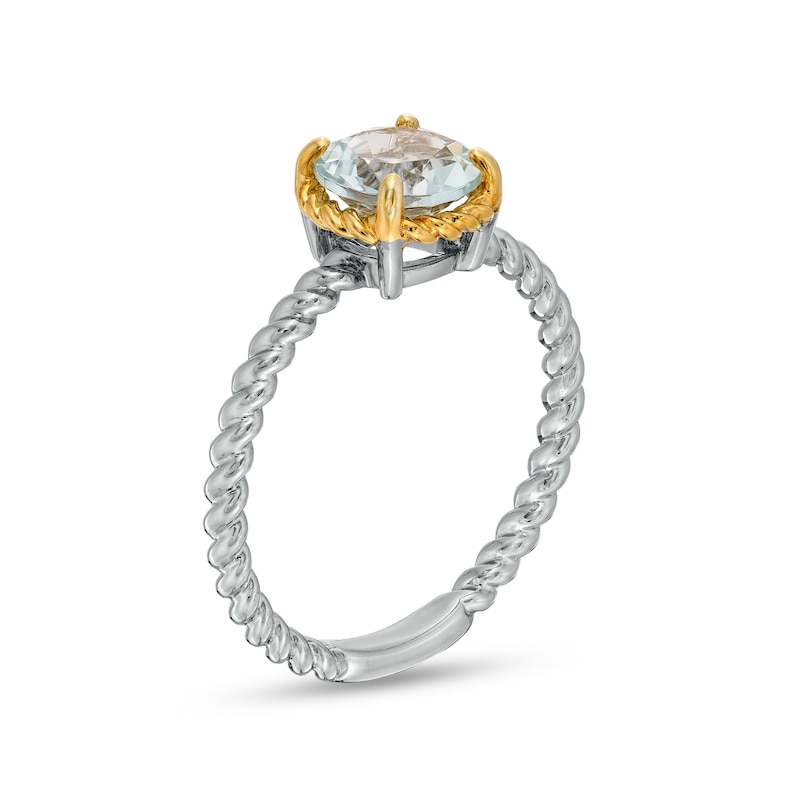 Main Image 3 of 7.0mm Aquamarine Solitaire Rope-Textured Frame and Shank Ring in Sterling Silver and 10K Gold