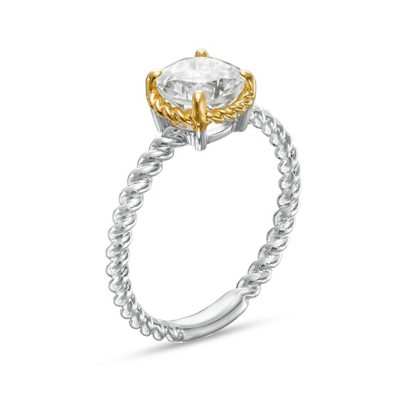 7.0mm White Topaz Solitaire Rope-Textured Frame and Shank Ring in Sterling Silver and 10K Gold