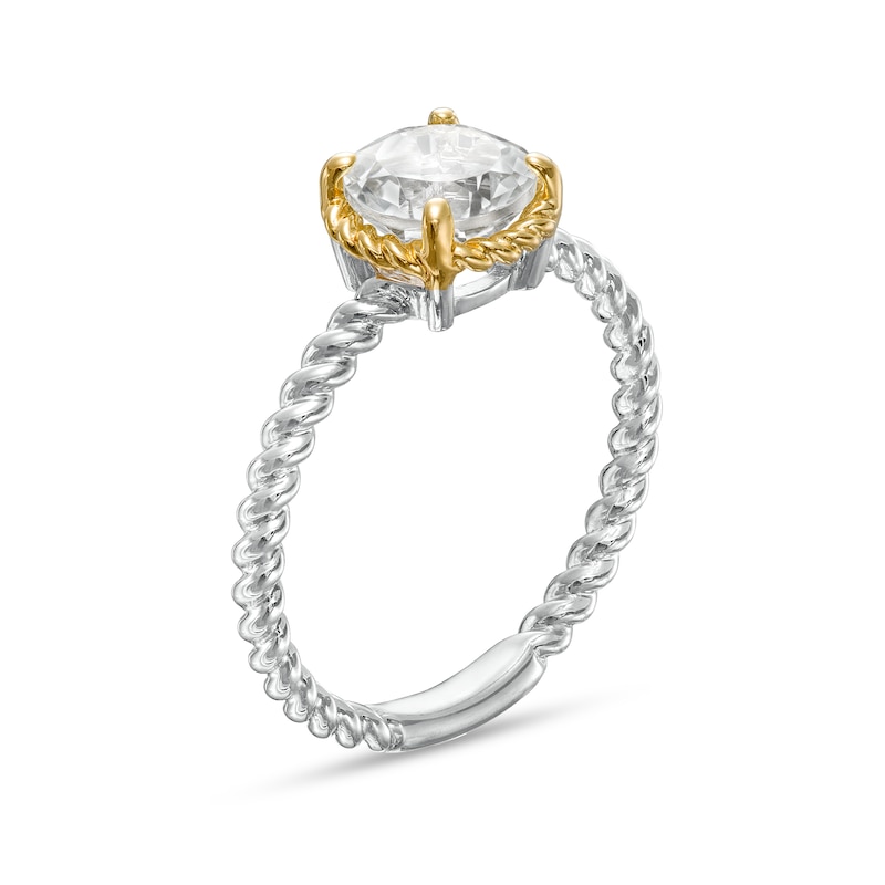 Main Image 3 of 7.0mm White Topaz Solitaire Rope-Textured Frame and Shank Ring in Sterling Silver and 10K Gold