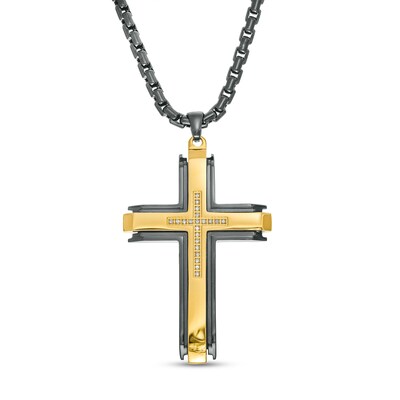 Mens Stainless Steel Polished Carbon Fiber/Yellow IP-plated Crosses Ring Mens Stainless Steel Polished Carbon Fiber/Yellow IP-plated Crosses Ring