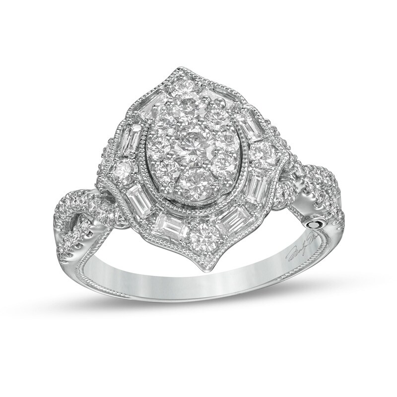 Main Image 1 of Marilyn Monroe™ Collection 1 CT. T.W. Oval-Shaped Multi-Diamond Frame Twist Shank Engagement Ring in 14K White Gold