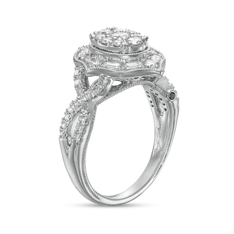 Main Image 3 of Marilyn Monroe™ Collection 1 CT. T.W. Oval-Shaped Multi-Diamond Frame Twist Shank Engagement Ring in 14K White Gold