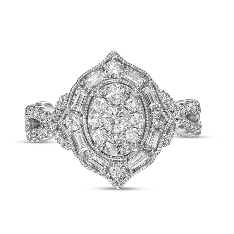 Main Image 4 of Marilyn Monroe™ Collection 1 CT. T.W. Oval-Shaped Multi-Diamond Frame Twist Shank Engagement Ring in 14K White Gold